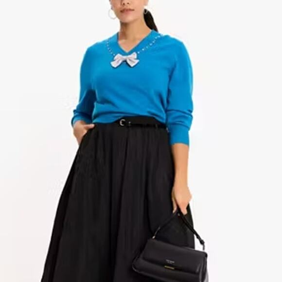 KATE SPADE NWT Bow Embellished V Neck Sweater Bright Cerulean Women's S - Picture 9 of 9